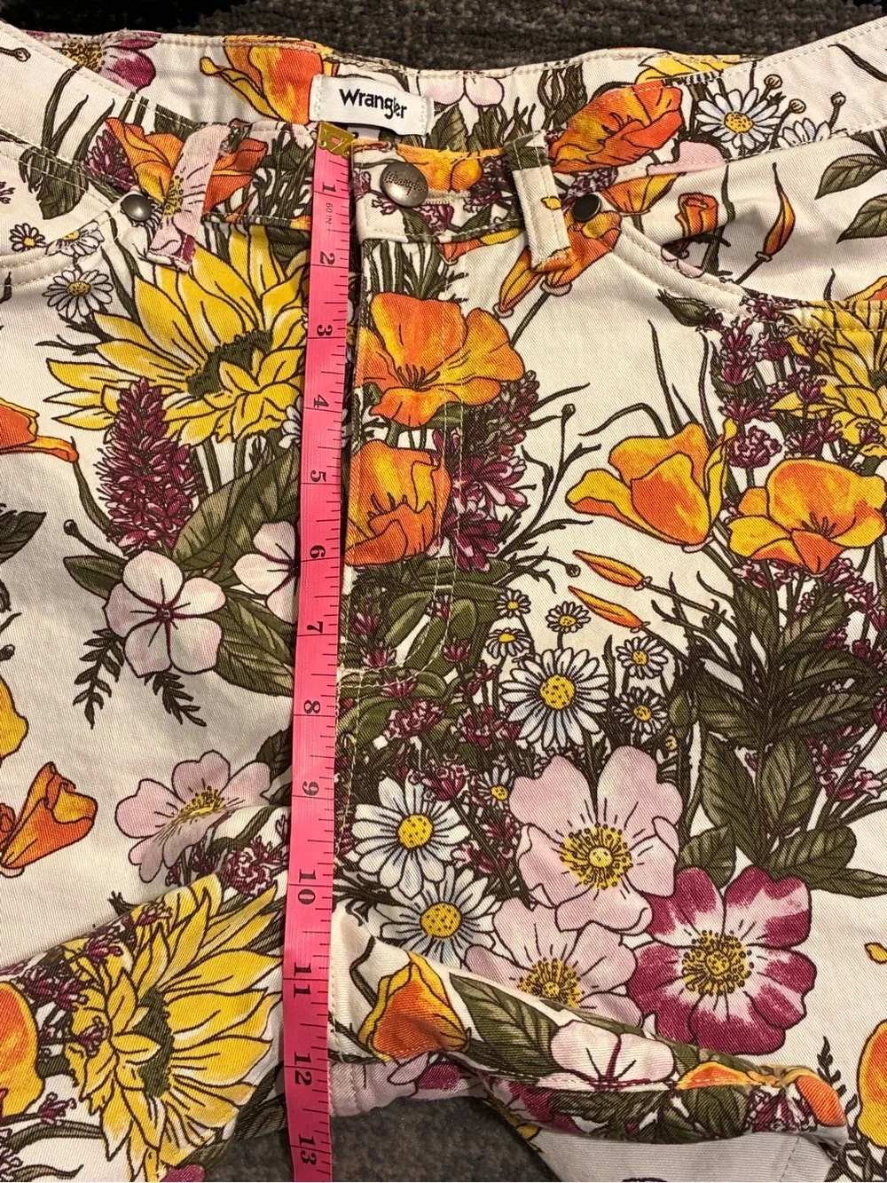 Wrangler White Floral High-Waist Shorts with Orange & Yellow Blooms